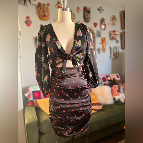 For Love And Lemons Dresses & Skirts - For Love And Lemons Black Floral Tie-Front Mini Dress with Pink Polka Dots